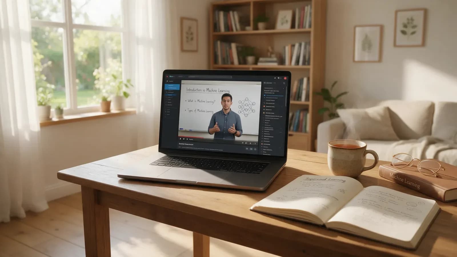 A creator at a laptop at a wooden desk in a bright studio