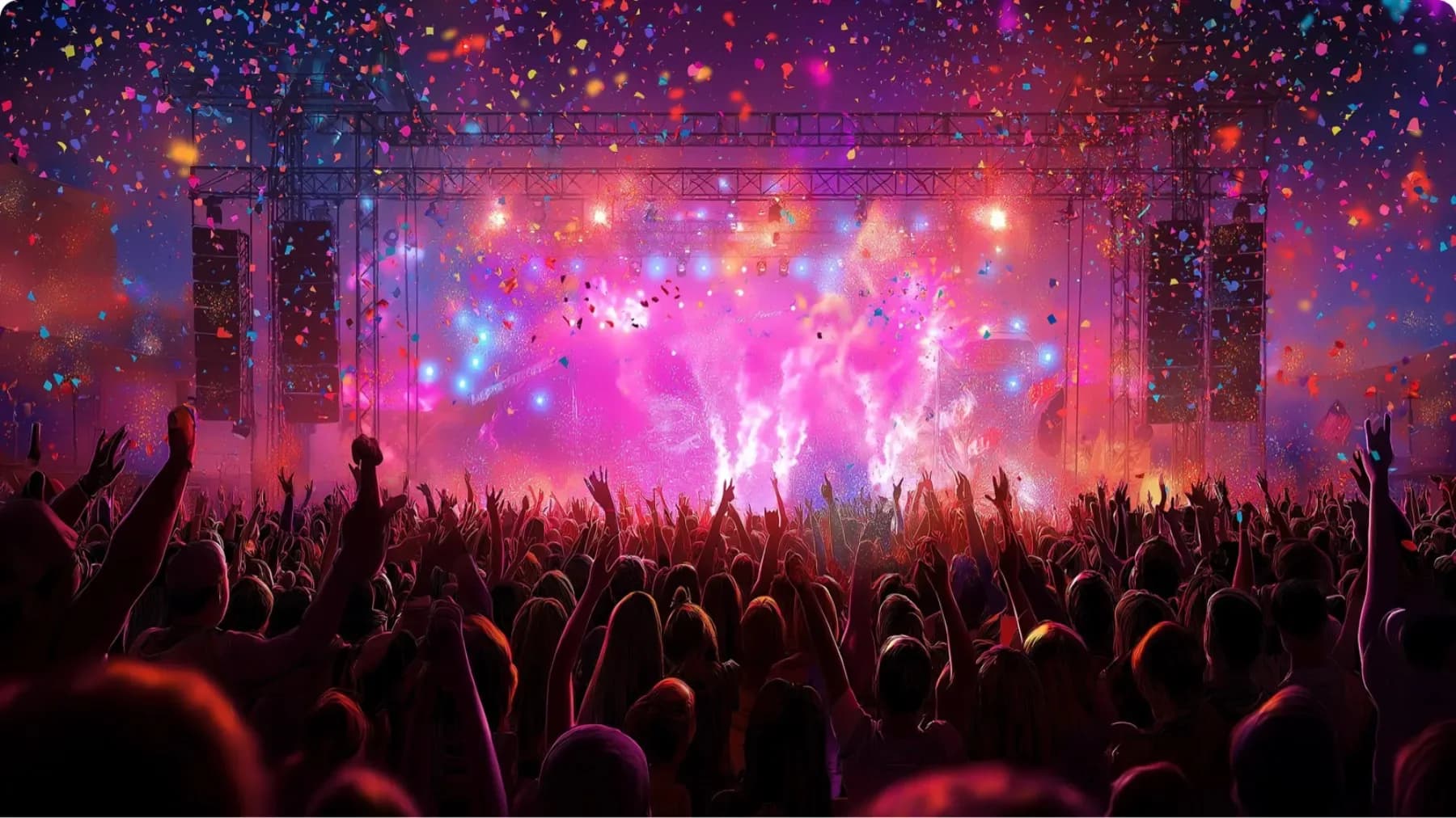 A packed arena crowd under stage lights and confetti