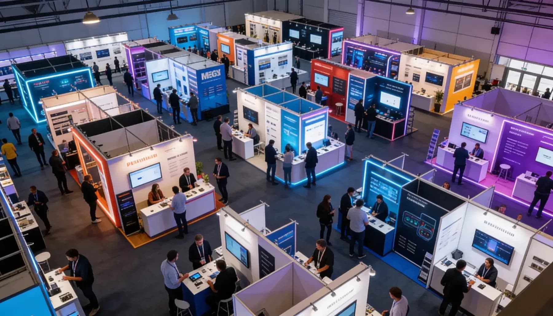 A bright exhibition hall with stalls and visitors