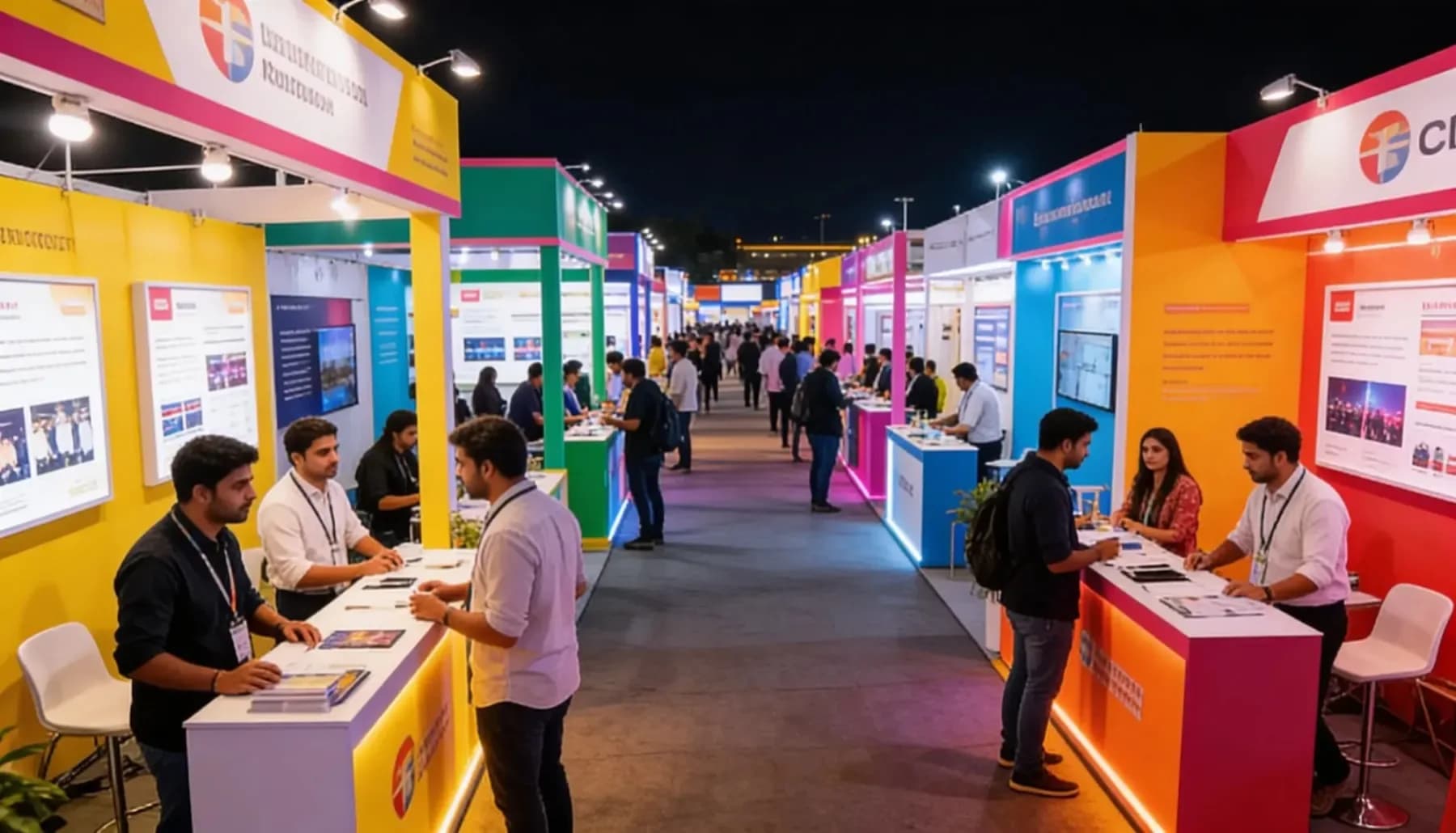Visitors walking between exhibitor booths in a large expo hall