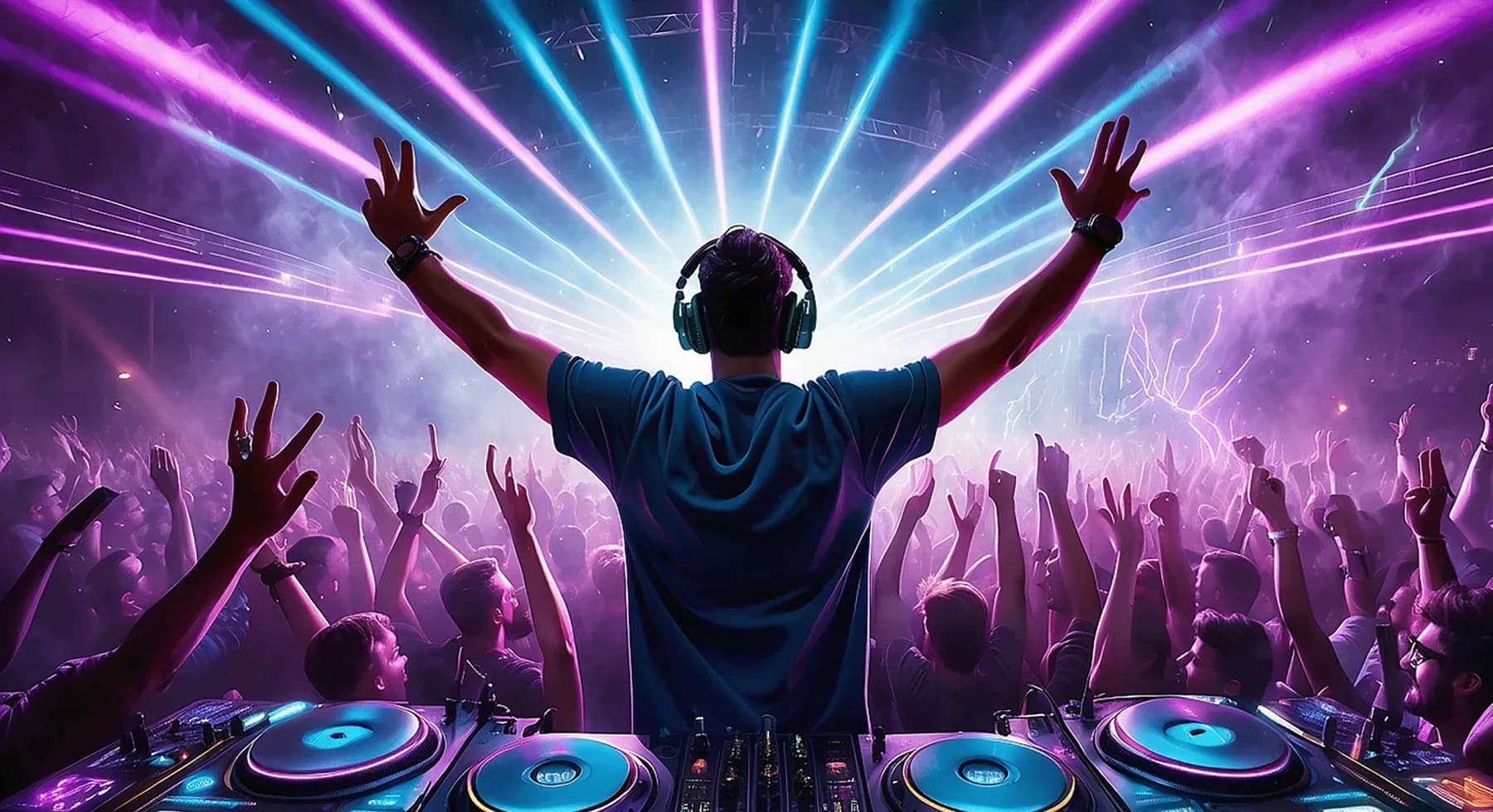 A club crowd with arms raised under laser beams