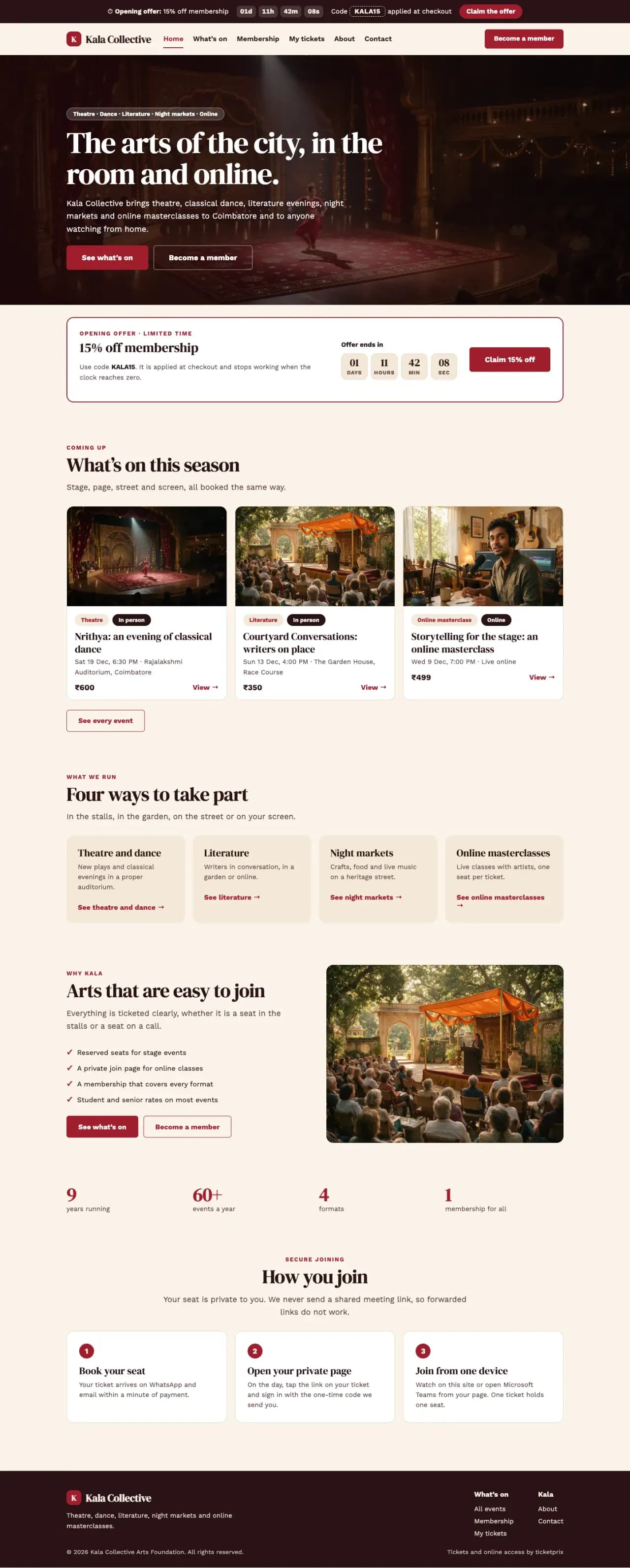 Full landing page of the Kala Collective template