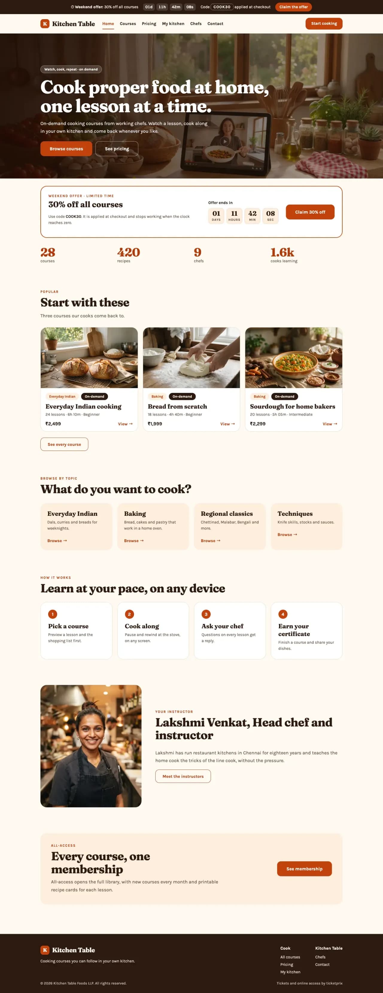 Full landing page of the Kitchen Table template