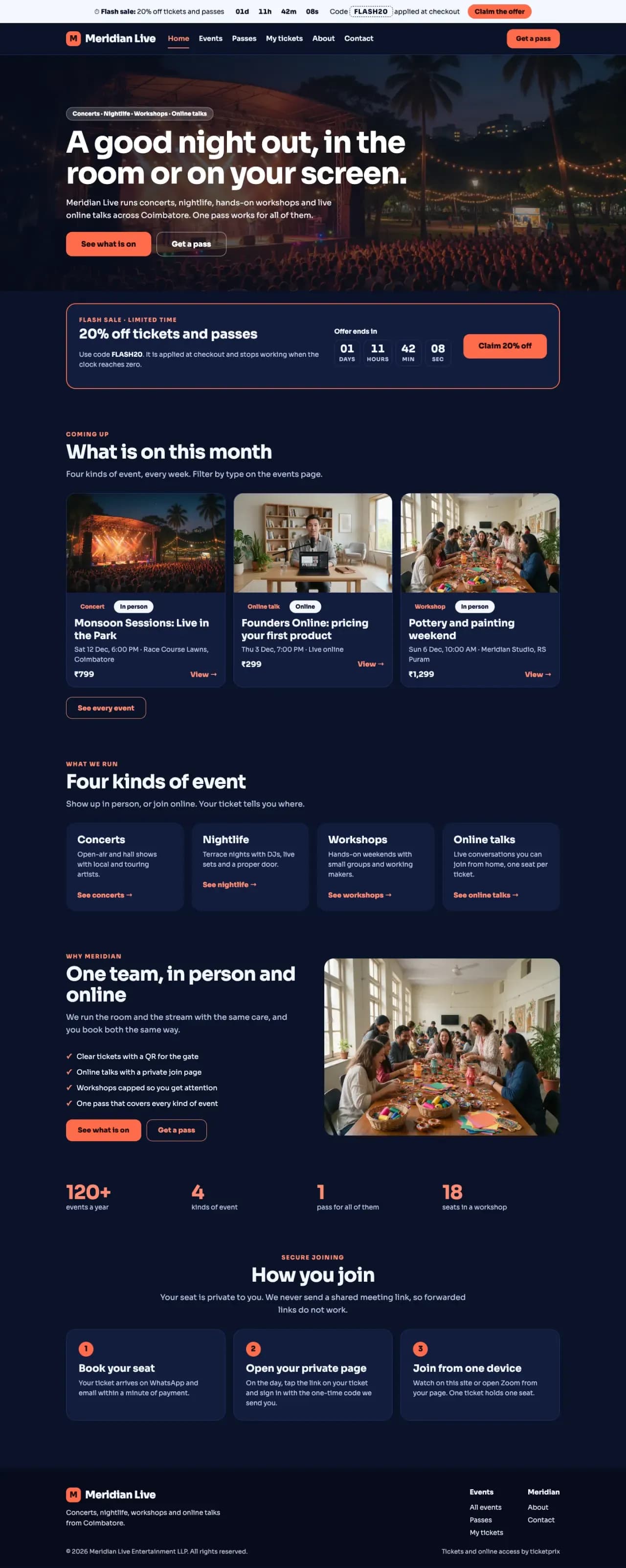 Full landing page of the Meridian Live template