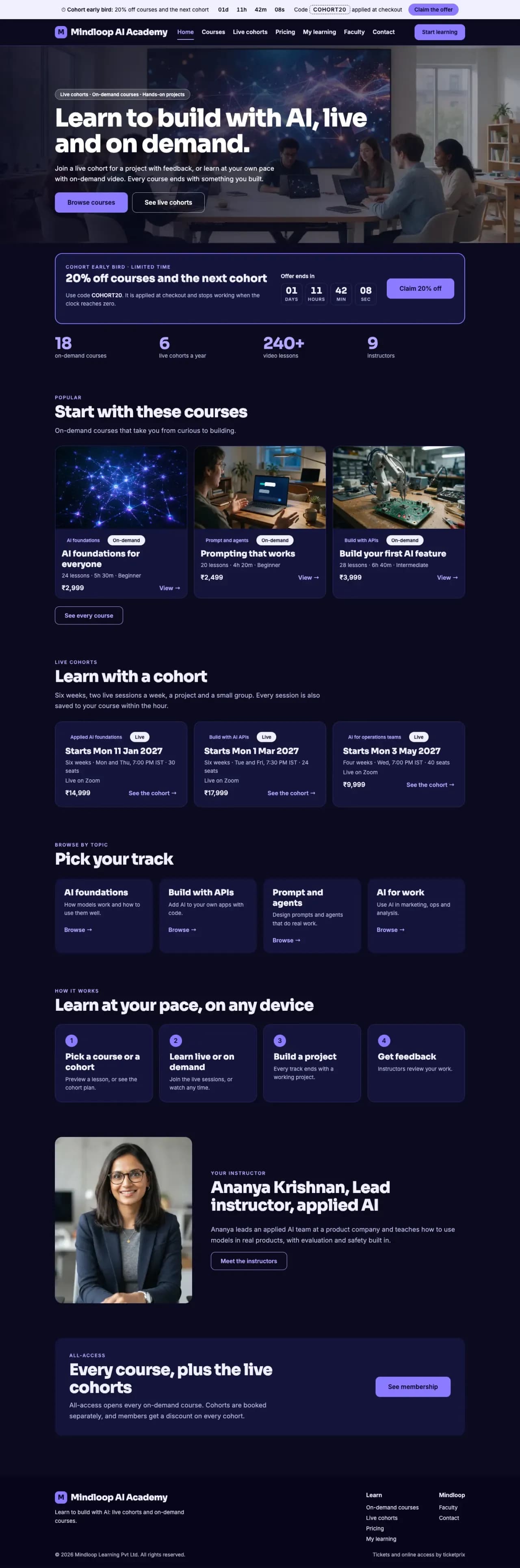 Full landing page of the Mindloop AI Academy template