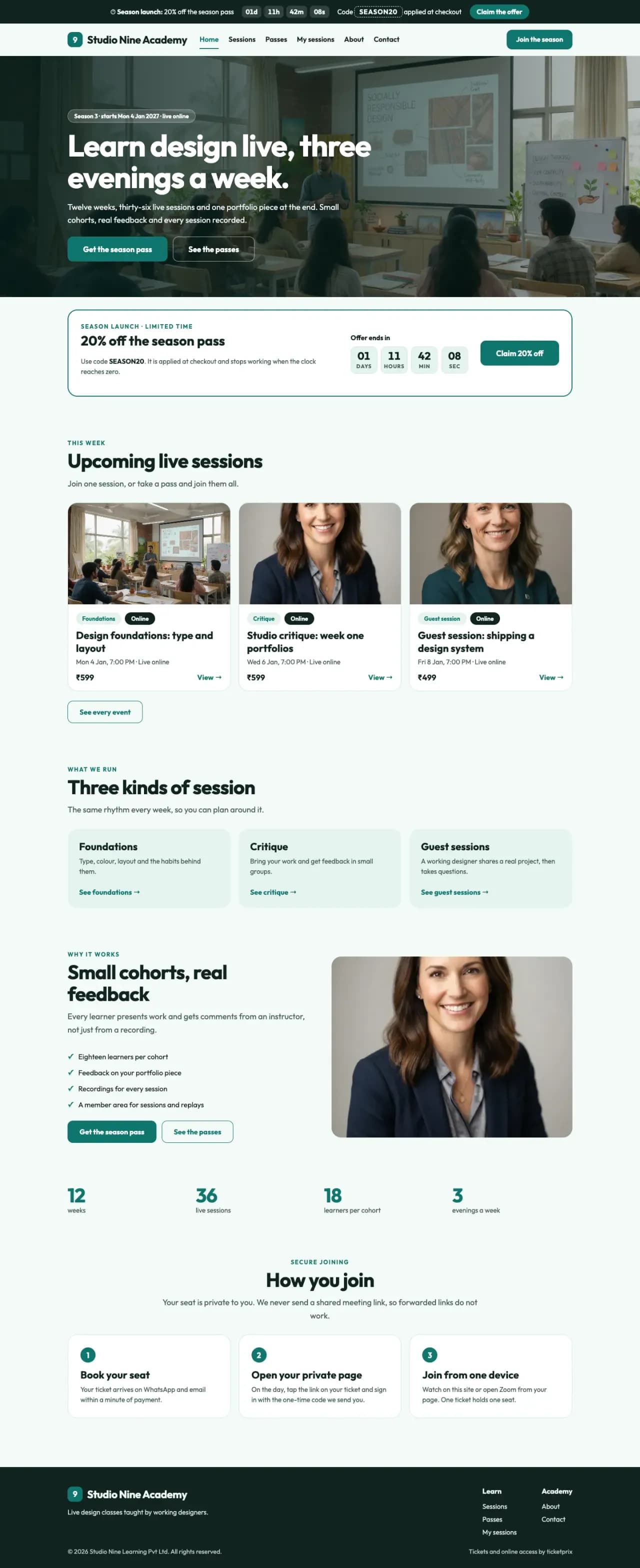 Full landing page of the Series Academy template