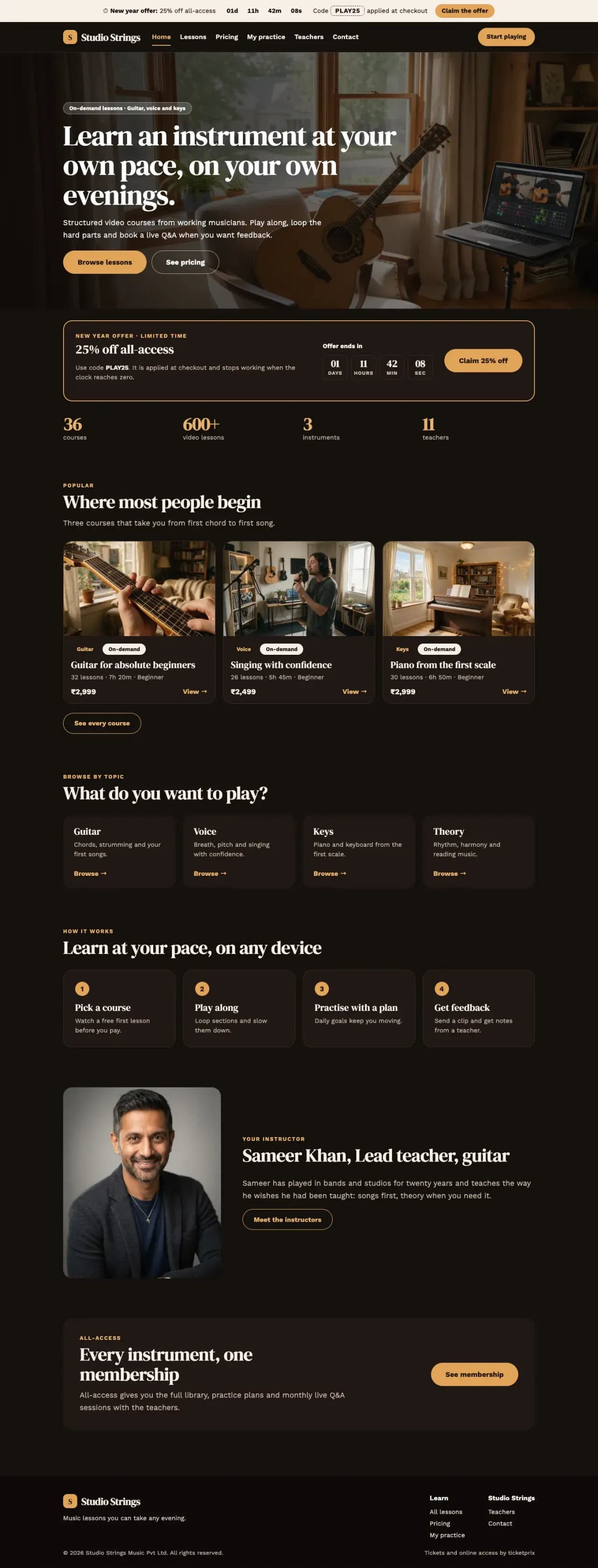 Full landing page of the Studio Strings template