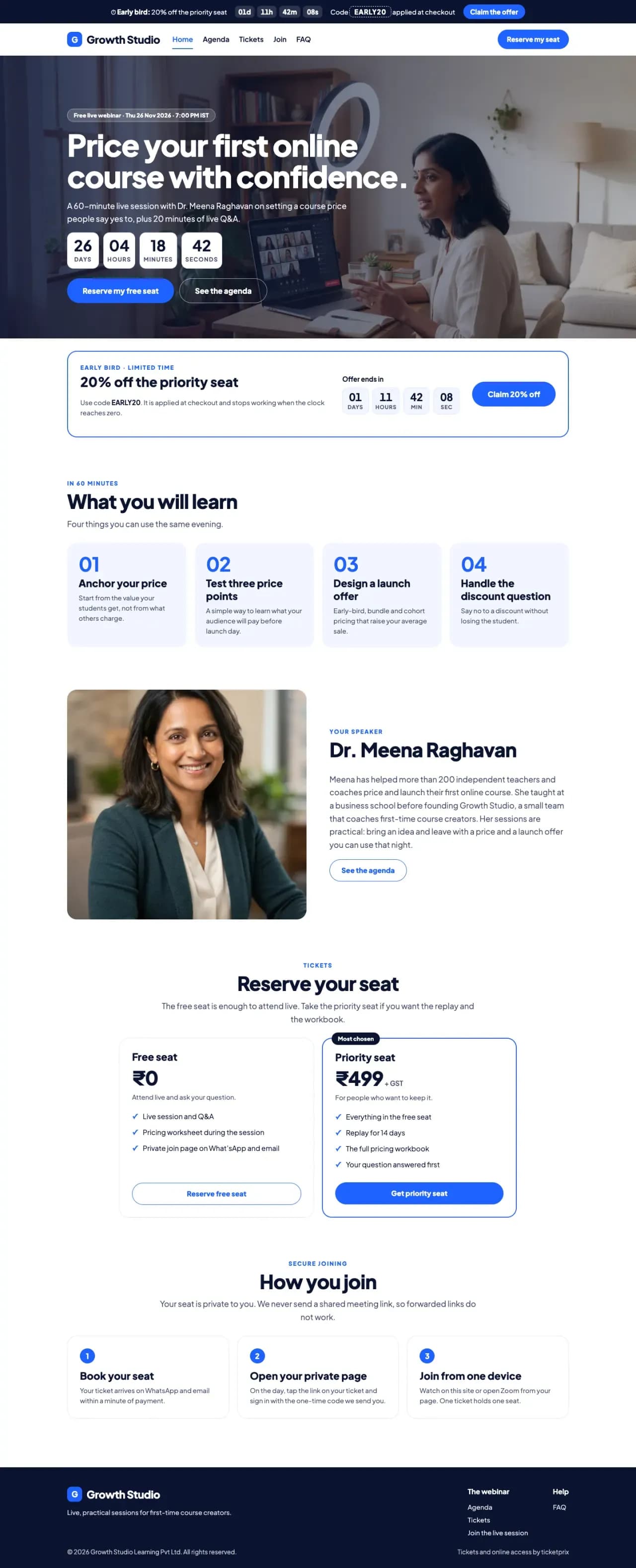Full landing page of the Webinar One template