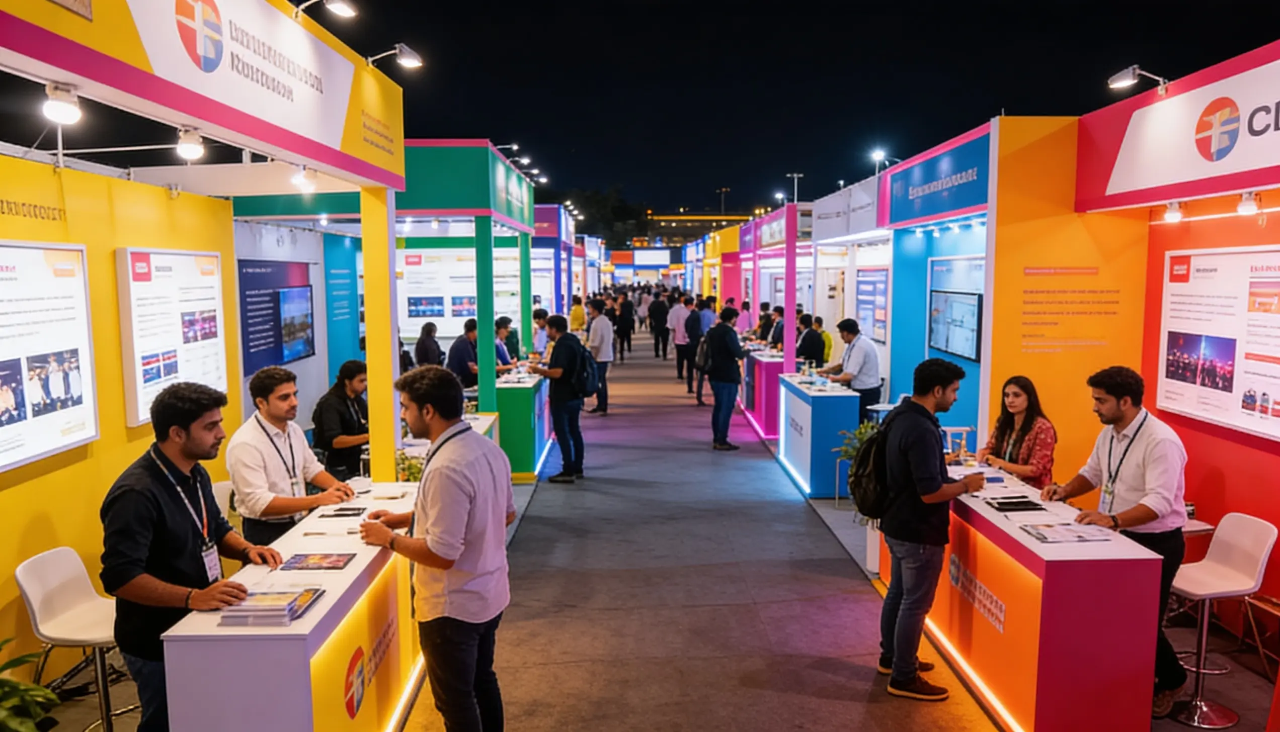Colourful expo with branded stalls and visitors
